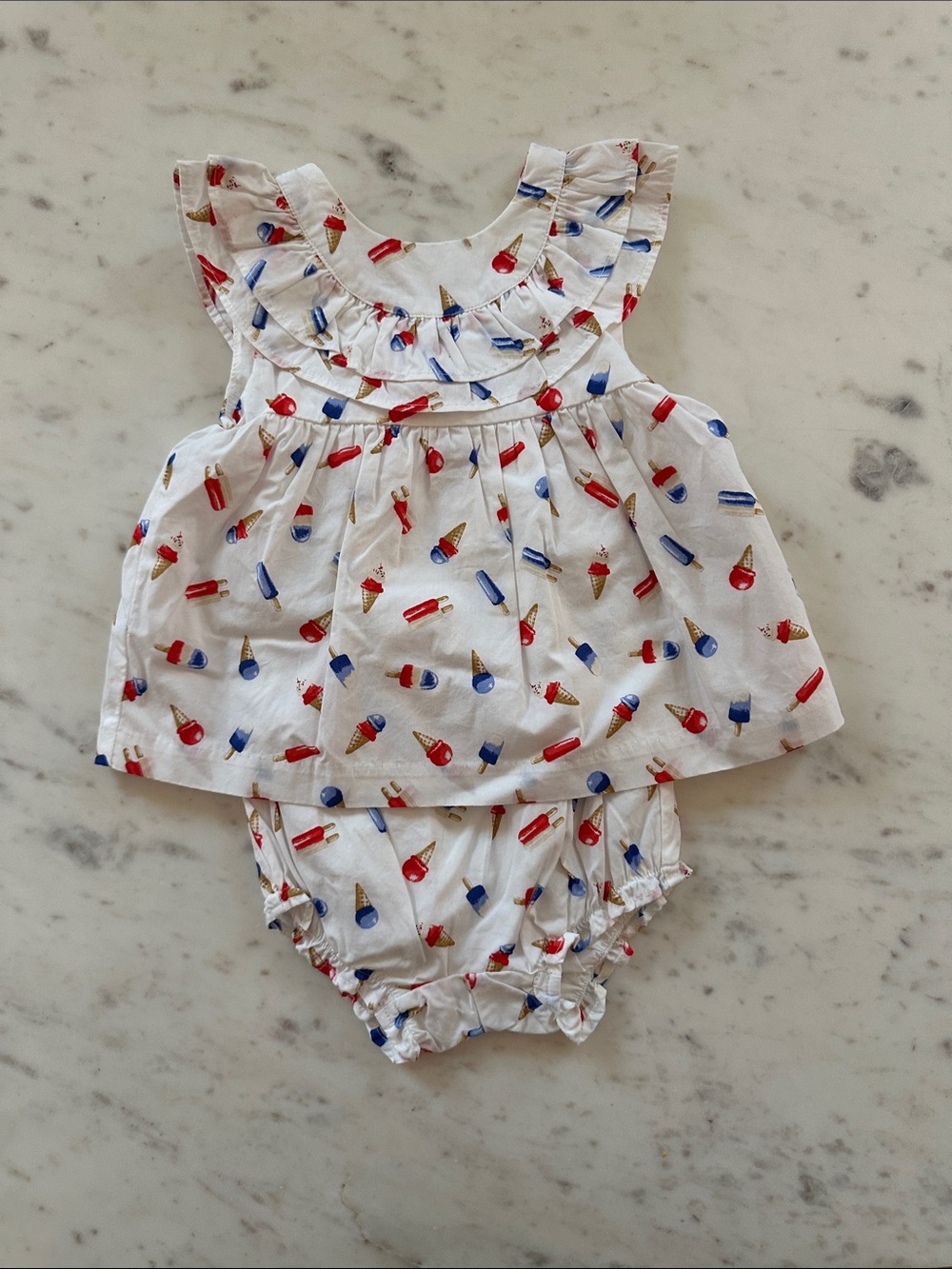 Janie and Jack White Dress & Bloomer Set with Red and Blue Ice Cream Print